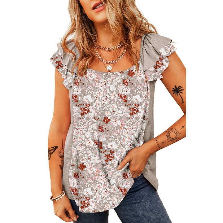 Damen Ärmelloses Blumen-Print Top mit Rüschenschultern und lockerem Fall Drune