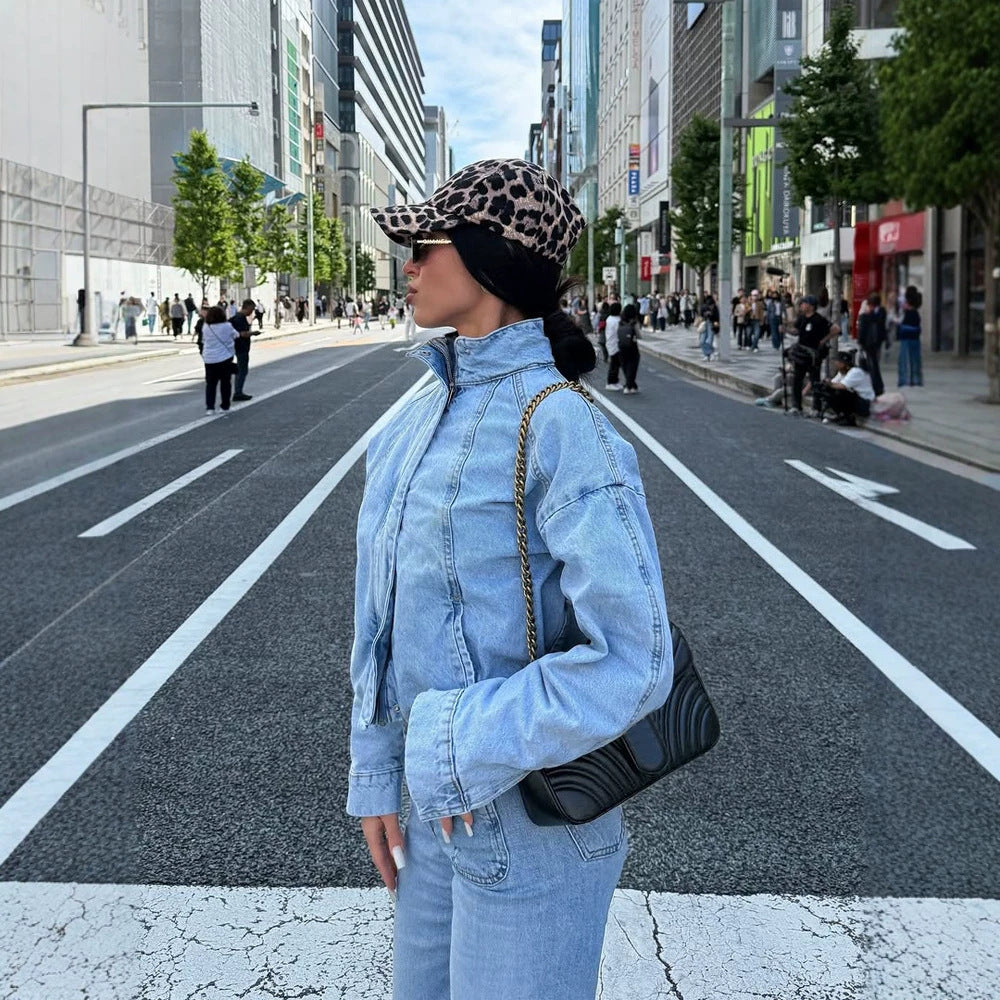 Damen Cropped Denimjacke im Bomberstil mit hohem Stehkragen und oversized Ärmeln Drune
