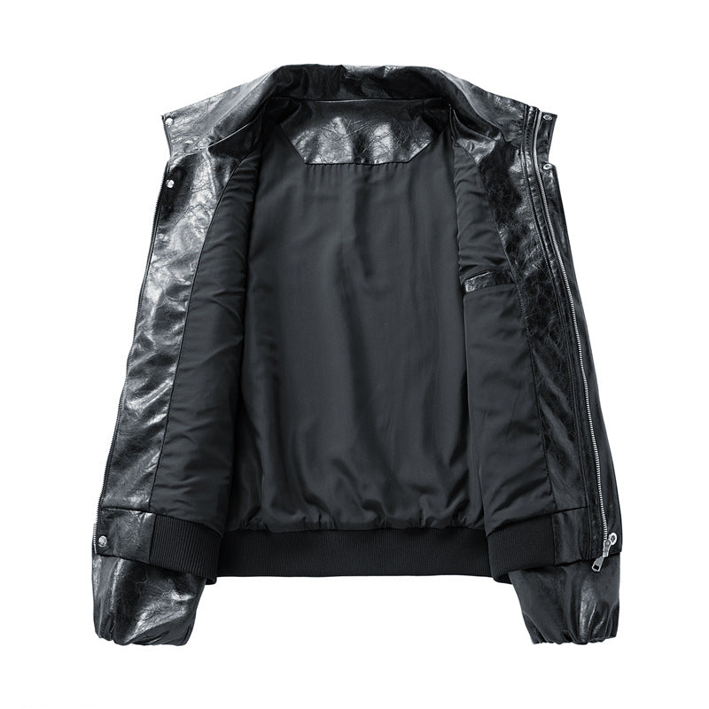 Herren Oversize Kunstleder‑Fliegerjacke mit breitem Umlegekragen, Zwei‑Wege‑Reißverschluss & gerippten Abschlüssen Drune