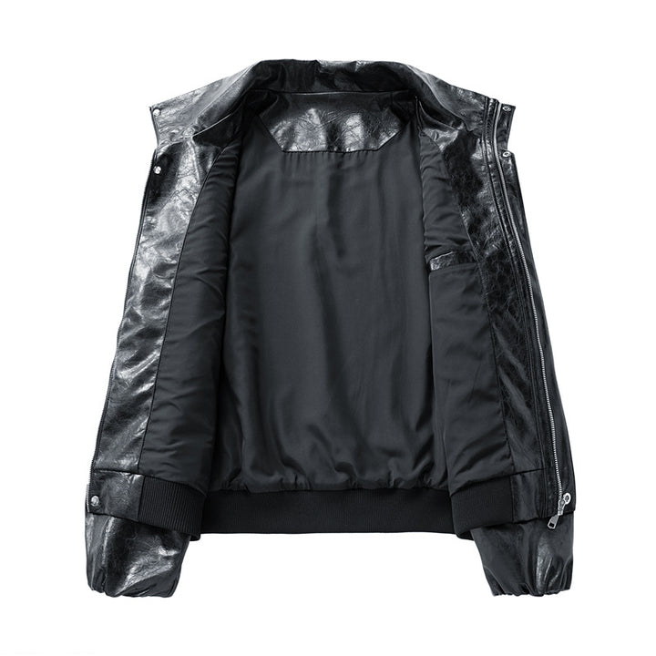 Herren Oversize Kunstleder‑Fliegerjacke mit breitem Umlegekragen, Zwei‑Wege‑Reißverschluss & gerippten Abschlüssen Drune