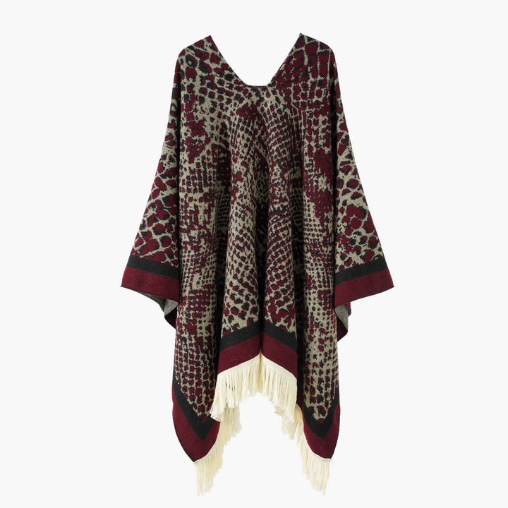 Damen Jacquard-Knitcape mit Leoparden‑Print, V‑Ausschnitt und Fransensaum Drune