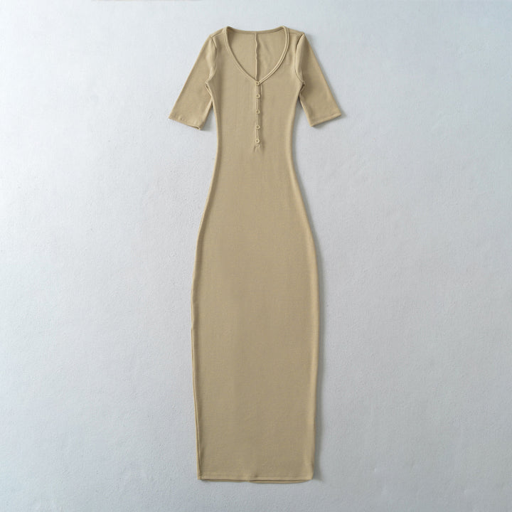Damen Figurbetontes Midikleid aus Rippstrick mit Knopfleiste und halblangen Ärmeln Drune