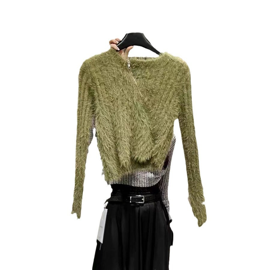 Damen Fluffy Pullover mit modischem Schnitt und praktischen Reißverschluss Drune