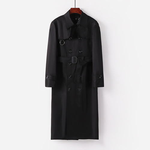 Herren Lang geschnittener Doppelbrust-Trench mit Taillengürtel und dekorativem Ringdetail Drune