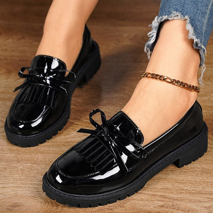 Damen nan elegante Lack-Plateau-Loafer mit dekorativer Schleife und profilierter Gummisohle Drune