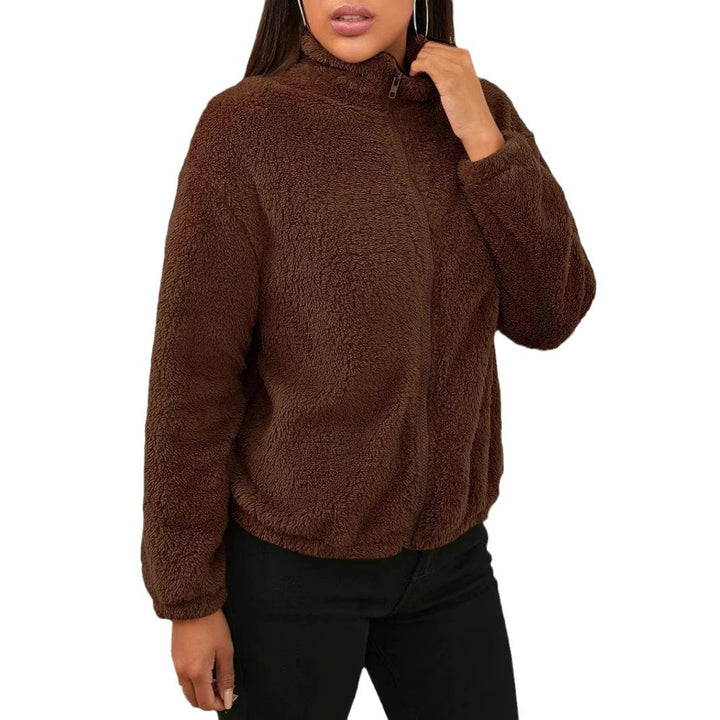 Damen kuschelige Teddyjacke mit hohem Kragen und aufgestelltem Reißverschluss Drune
