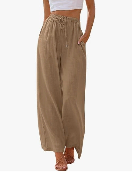 Damen nan weite Leinenhose mit elastischem Bund Kordel und Seitentaschen Drune