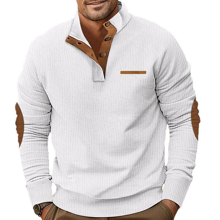 Herren nan strukturiertes Halbknopf-Stehkragen-Pullover mit Wildleder-Ellbogenpatches Drune