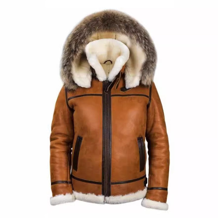 Damen Wildlederoptik Fliegerjacke mit Kunstfellkapuze und Schnallen Drune