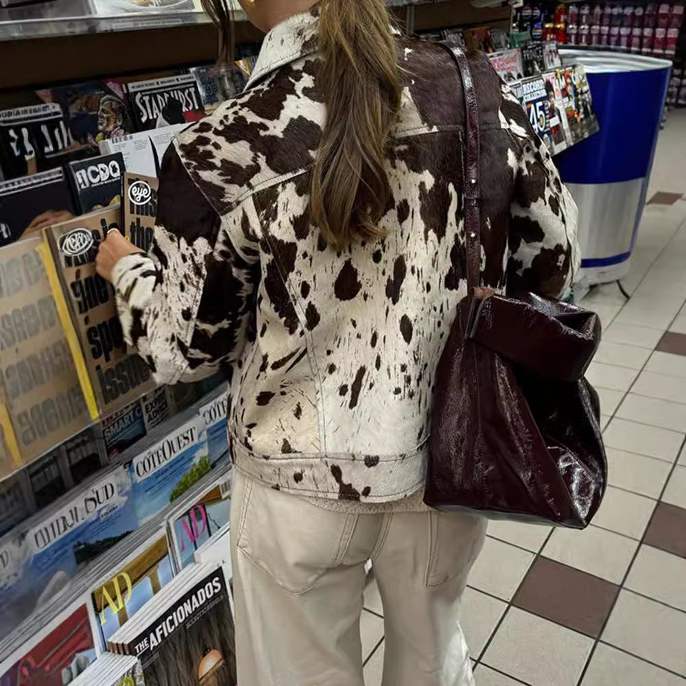 Damen Denim-Jacke im lässigen Cow-Print mit strukturierten Akzenten Drune