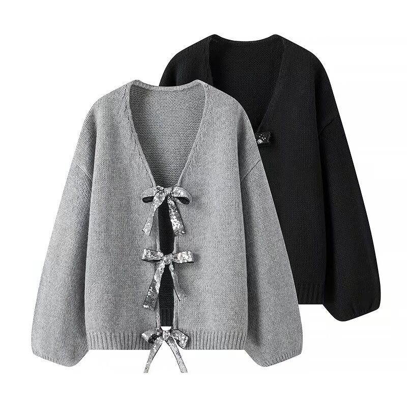 Damen Oversize-Strickcardigan mit V‑Ausschnitt und Pailletten‑Schleifen Drune