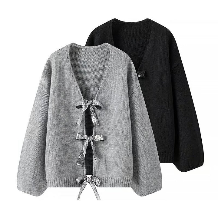 Damen Oversize-Strickcardigan mit V‑Ausschnitt und Pailletten‑Schleifen Drune