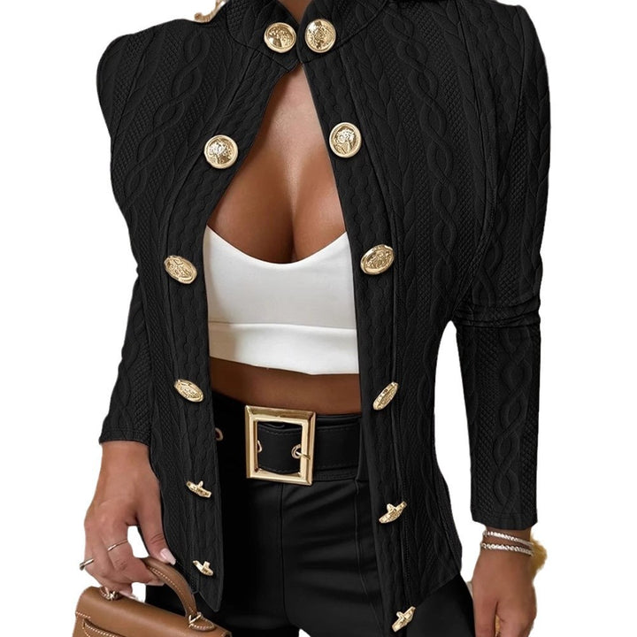 Damen Eleganter Strickblazer mit goldenen Knöpfen und Stehkragen Drune