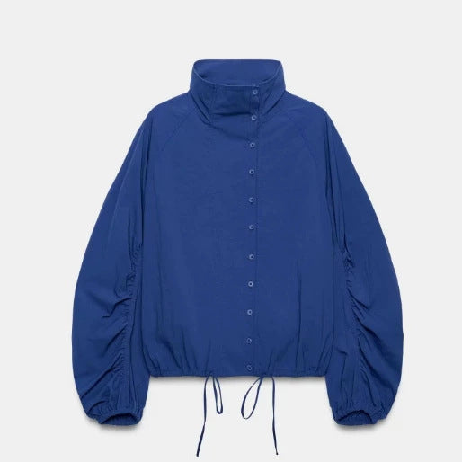 Damen Kurz geschnittene Wollmix-Jacke mit Stehkragen, Reißverschluss und Ballonärmeln Drune