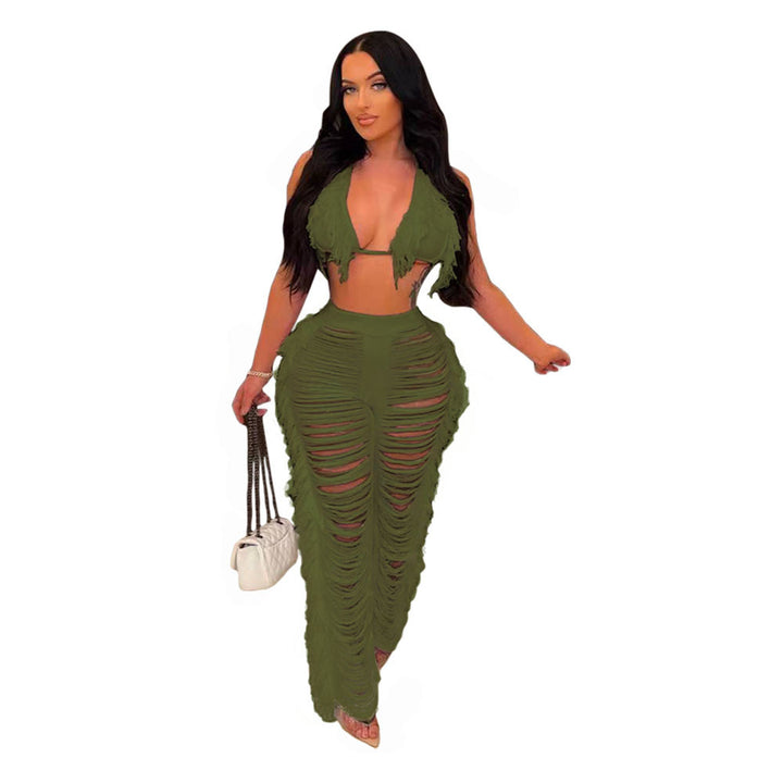 Damen Strandoutfit mit fransigem Crop-Top und lässiger Hose Drune