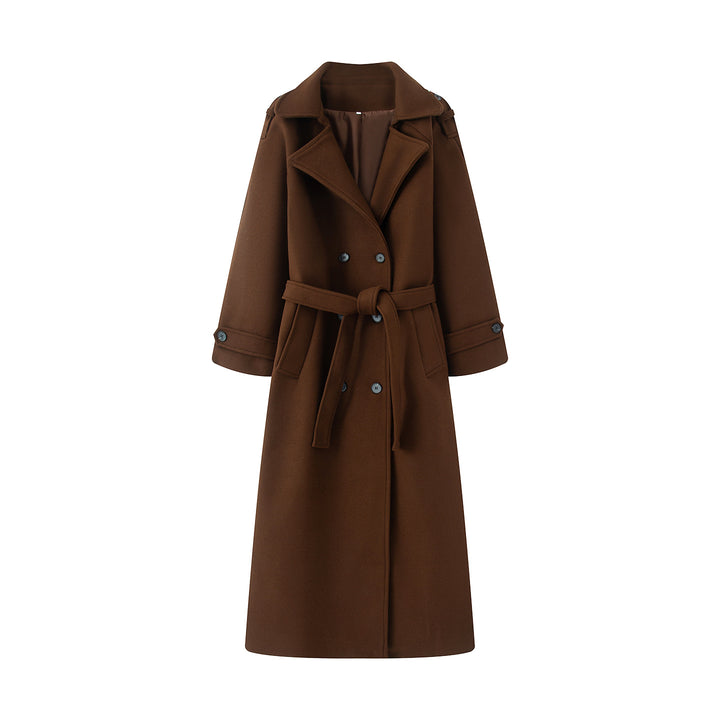 Damen nan langer Wollmix-Trenchcoat mit Schalkragen Taillengürtel und doppelreihiger Knopfleiste Drune