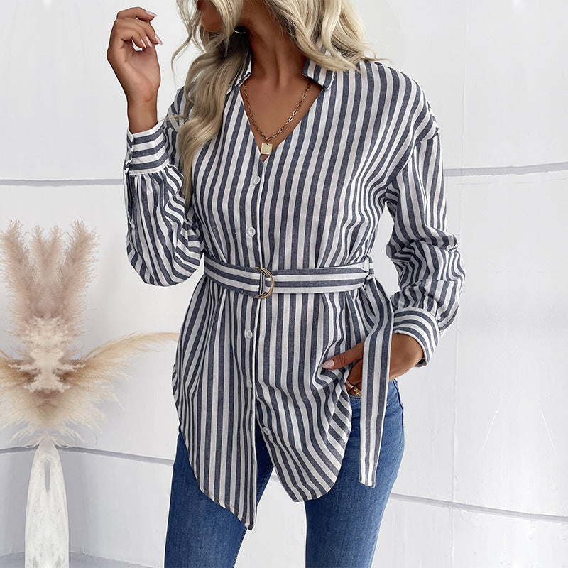 Damen Gestreifte Longbluse mit D‑Ring-Taillengürtel und Hemdkragen Drune