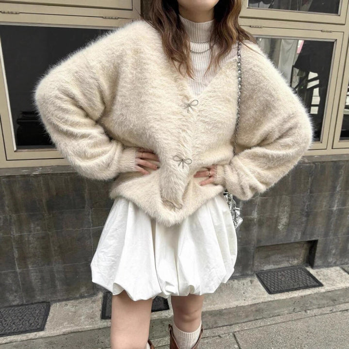 Damen Flauschiger Mohair‑Optik Cardigan mit dekorativen Schleifenverschlüssen Drune