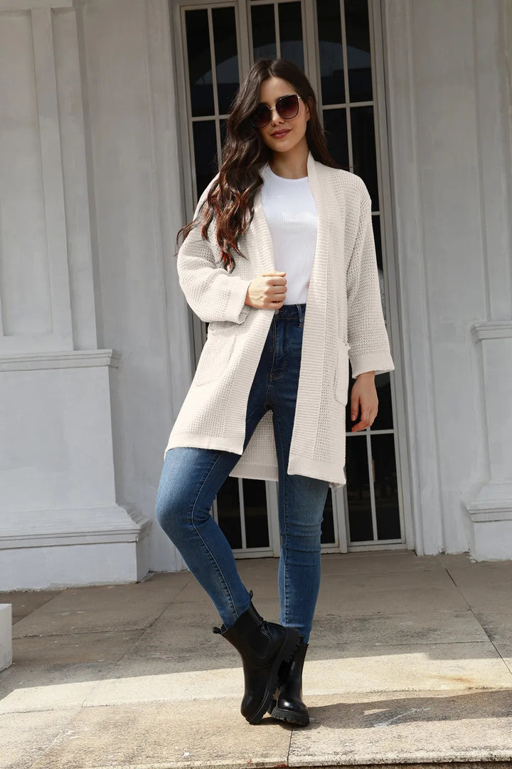 Damen lässiger Strickmantel mit offenen Vorderteilen und tiefen Taschen Drune