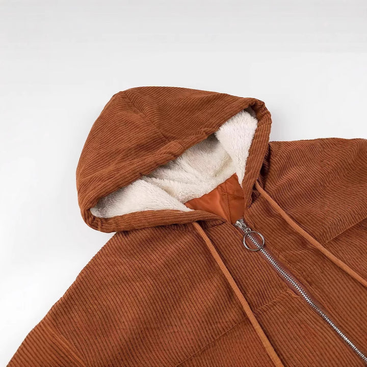 Damen Kurz geschnittene Cordjacke mit Kapuze, Teddyfutter und durchgehendem Reißverschluss Drune