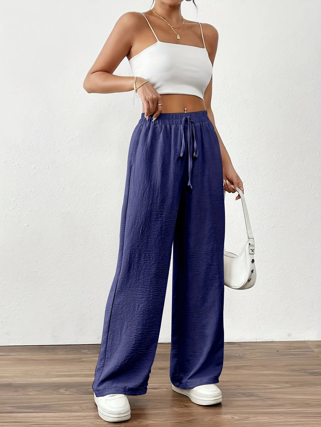 Damen weite Palazzo-Hose mit elastischem Bund und taillierbarem Kordelzug Drune