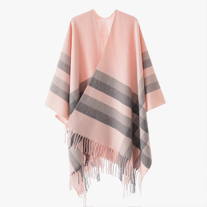 Damen Wollmix-Capeponcho im Oversize-Kimono mit Karomuster und Fransensaum Drune