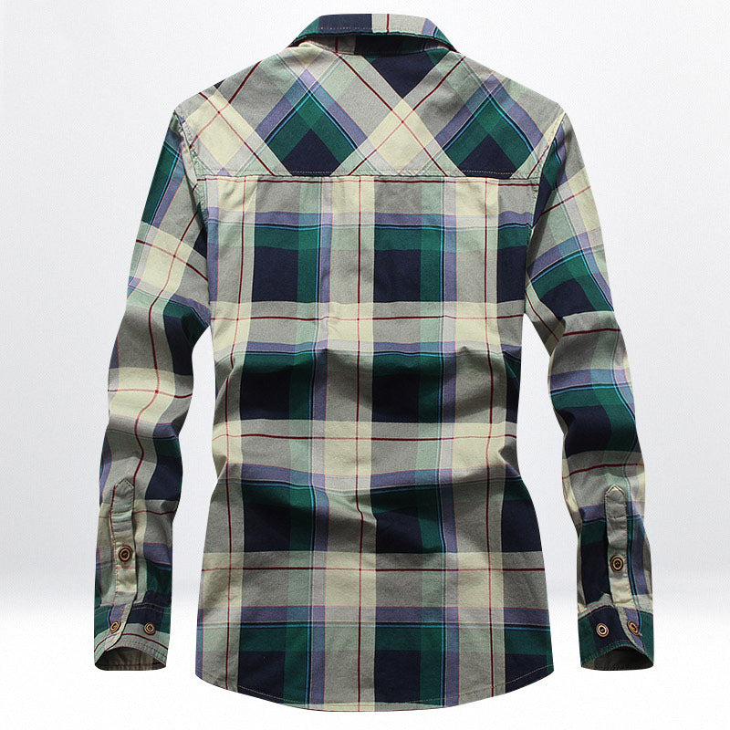 Herren Kariertes Baumwoll-Workshirt mit Brustpattentaschen und kontrastiertem Innenkragen Drune
