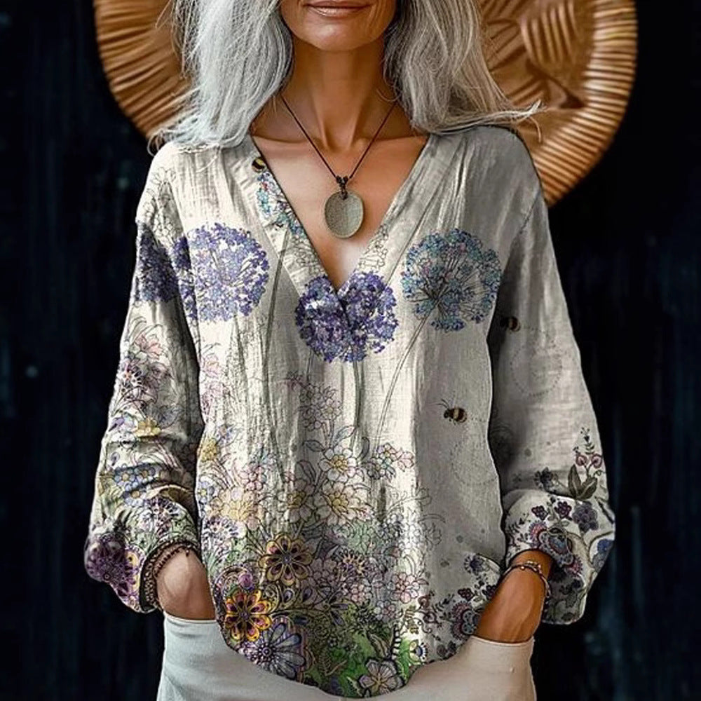 Damen Boho-Leinenmischung Tunika-Bluse mit V-Ausschnitt und floraler Aquarellstickerei Drune