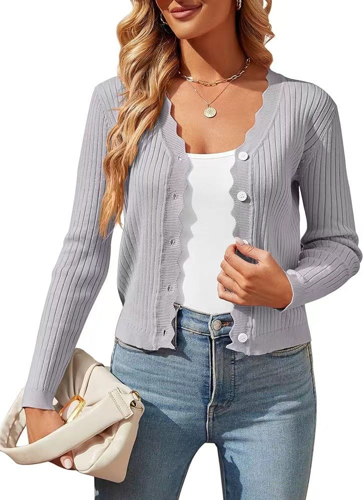 Damen elegante Strickjacke mit Wellenkante Drune