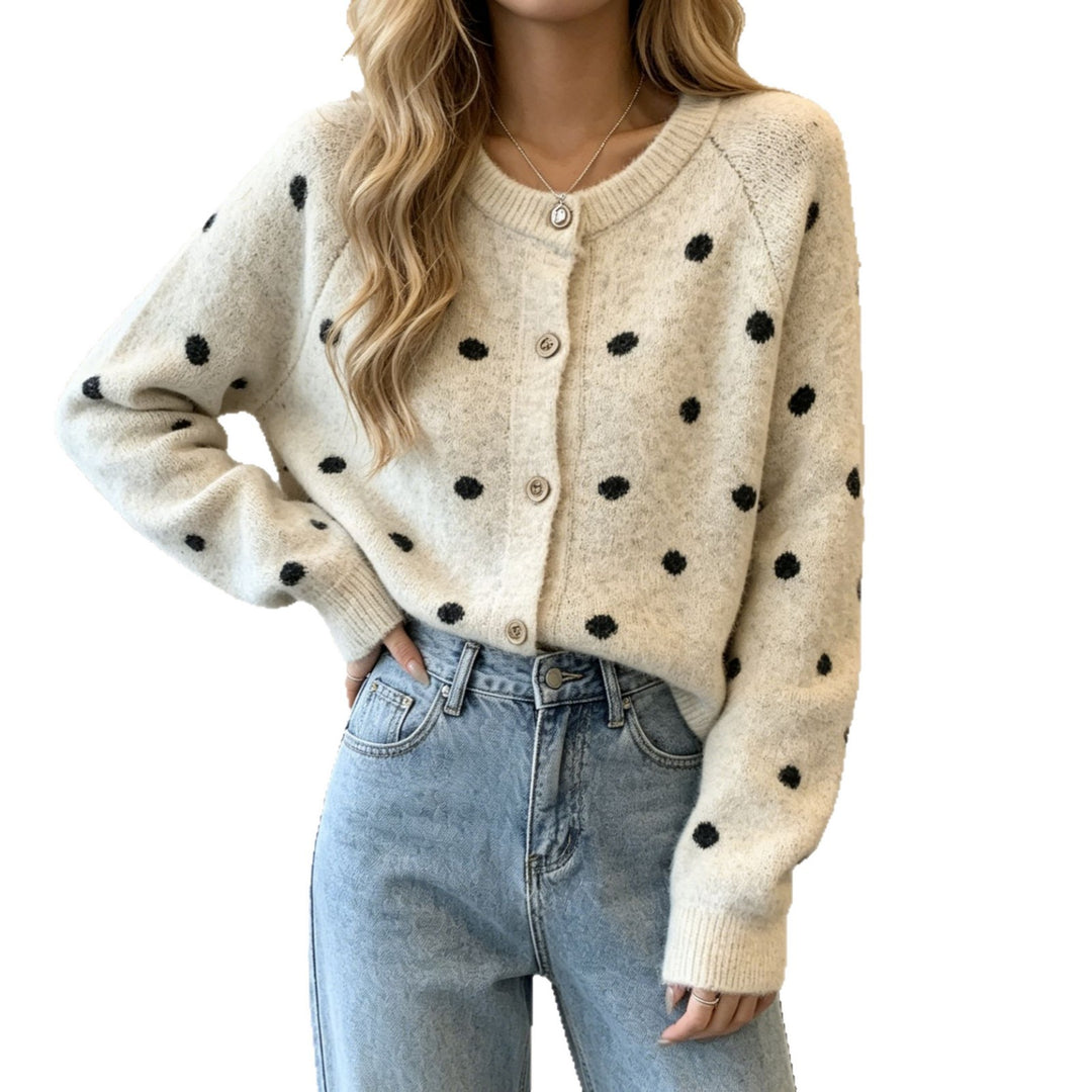 Damen Gepunkteter Mohair‑Optik Button‑Cardigan mit Rundhalsausschnitt Drune