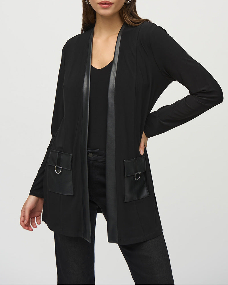 Damen nan offener Jersey-Cardigan mit Lederimitat-Besatz und D-Ring-Taschen Drune