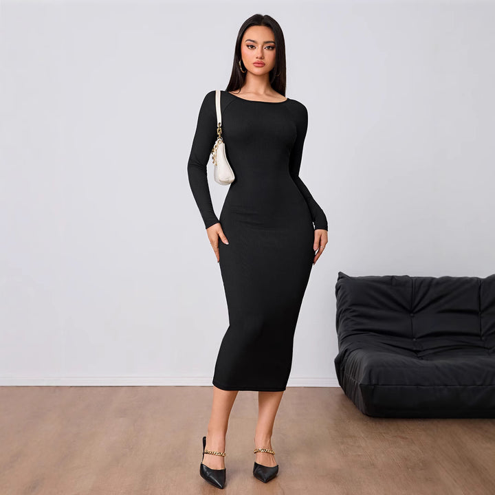 Damen figurbetontes Stretch-Midikleid mit U‑Boot‑Ausschnitt und figurformendem Rippstrick Drune