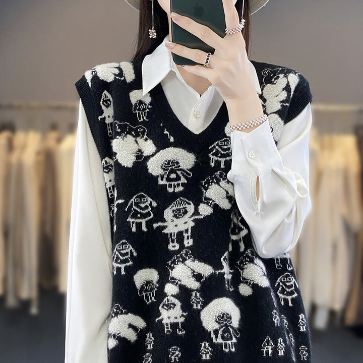 Damen Oversize-Strickweste mit V‑Ausschnitt und verspieltem Jacquard‑Motiv Drune
