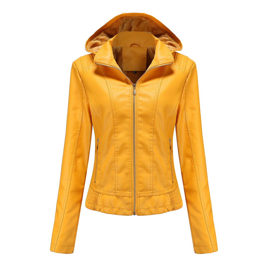 Damen nan taillierte Kunstlederjacke mit Kapuze, wattiertem Innenfutter und verdeckten Reißverschlusstaschen Drune
