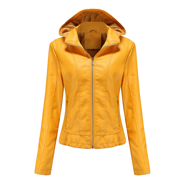Damen nan taillierte Kunstlederjacke mit Kapuze, wattiertem Innenfutter und verdeckten Reißverschlusstaschen Drune