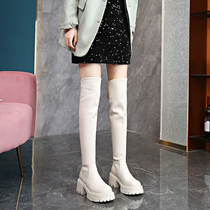 Damen Overknee-Stiefel mit robustem Blockabsatz und elastischem Schaft Drune