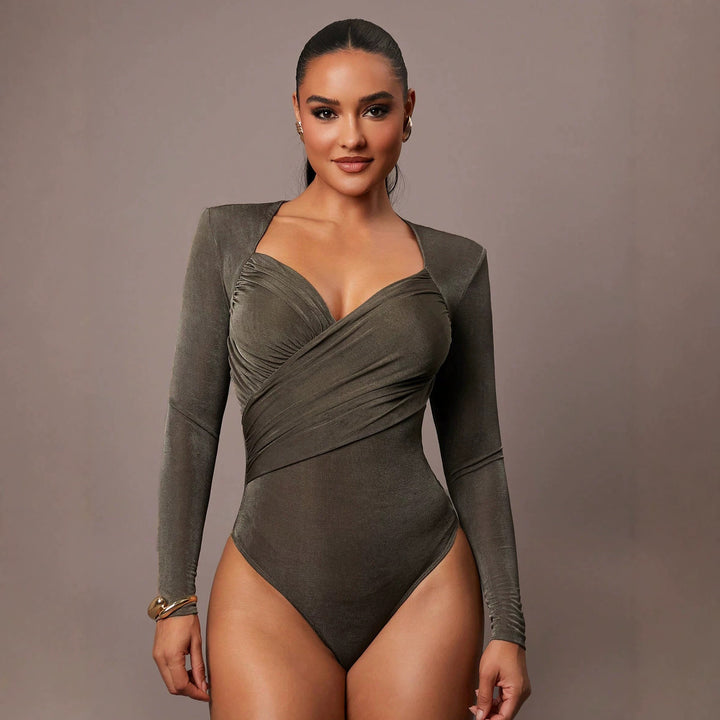 Damen Sculpting-Body mit Wickelfront, Herz-Ausschnitt und langen Ärmeln Drune