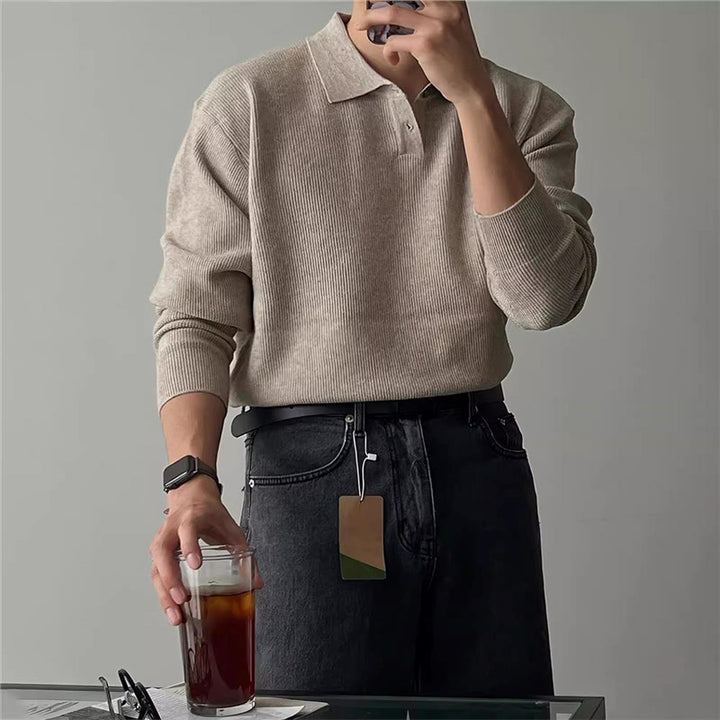 Herren Eleganter Langarm-Polo-Pullover mit Rippstruktur Drune