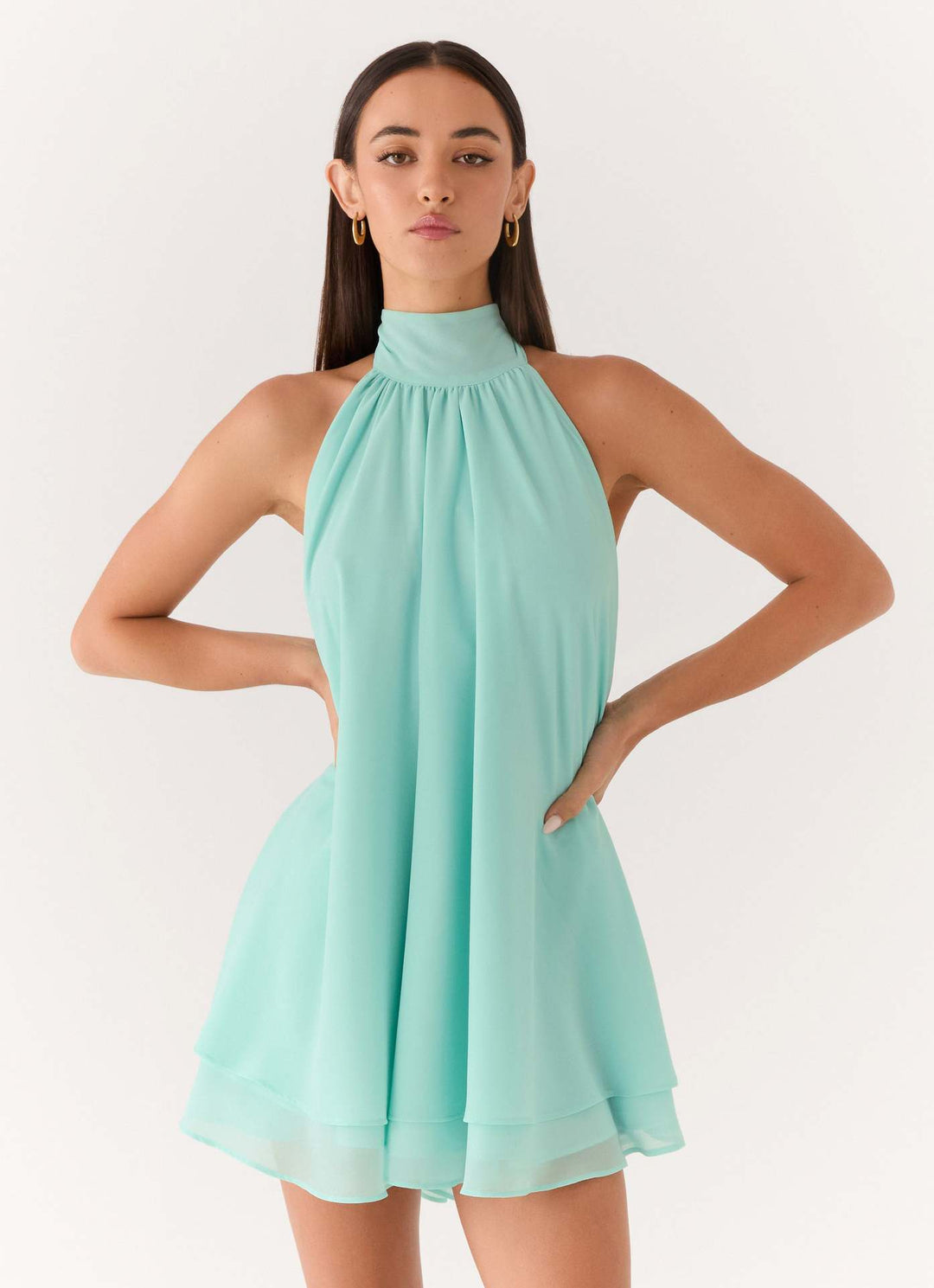 Damen elegantes Hochgeschlossenes Minikleid mit fließendem Stoff und verspieltem Volant Drune