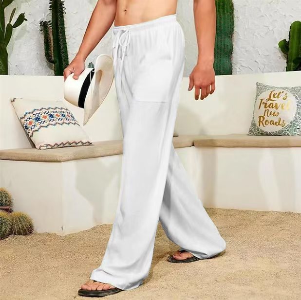 Herren weite Leinenhose mit Tunnelzug, aufgesetzten Seitentaschen und Relaxed-Fit Drune