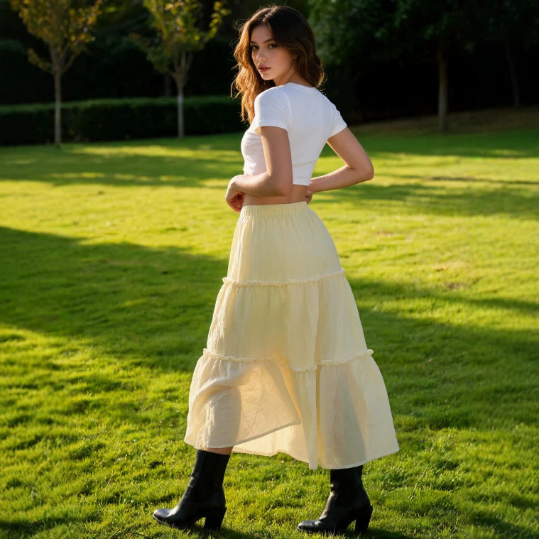 Damen Luftiger Stufenrock mit elastischem Bund und transparenter Chiffon‑Optik Drune
