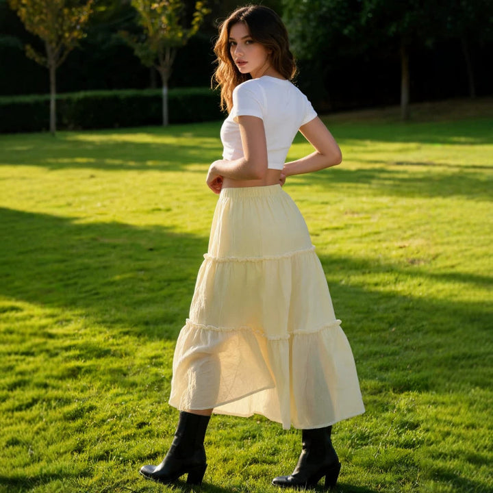 Damen Luftiger Stufenrock mit elastischem Bund und transparenter Chiffon‑Optik Drune