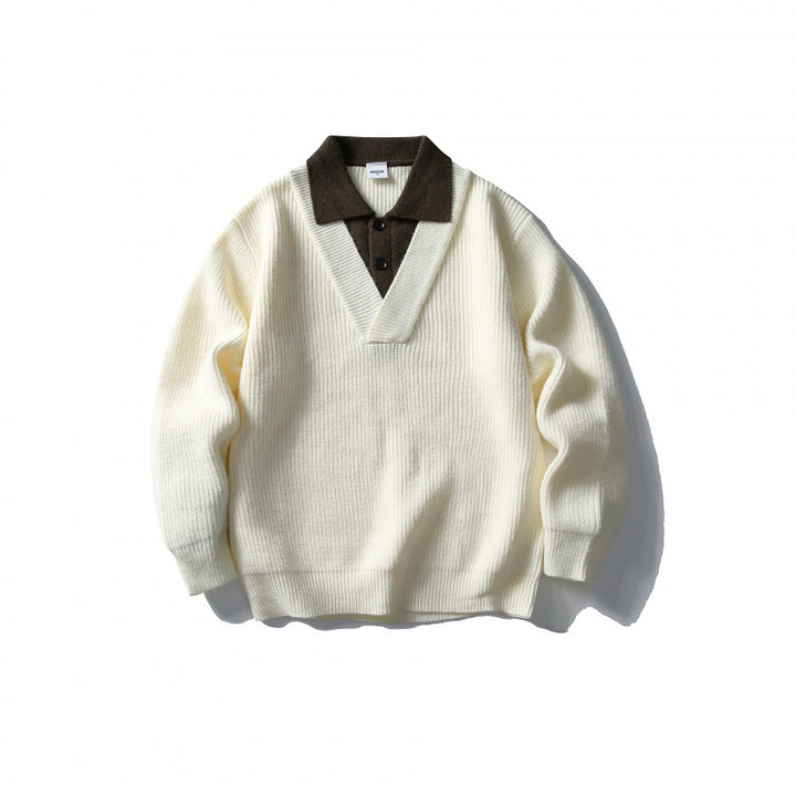 Herren Strick-Polo-Pullover mit Oversize-Schnitt, V‑Einsatz und Kontrastkragen Drune