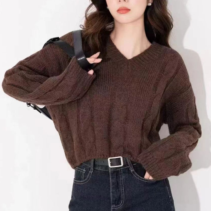Damen Grobstrickpullover mit tiefem V-Ausschnitt und lässigem Schnitt Drune