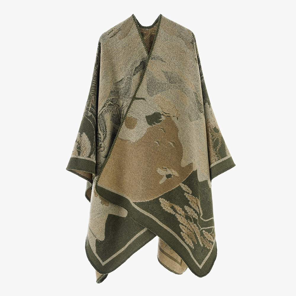 Damen Jacquard‑Strickcape mit floraler Grafik und asymmetrischem Saum Drune
