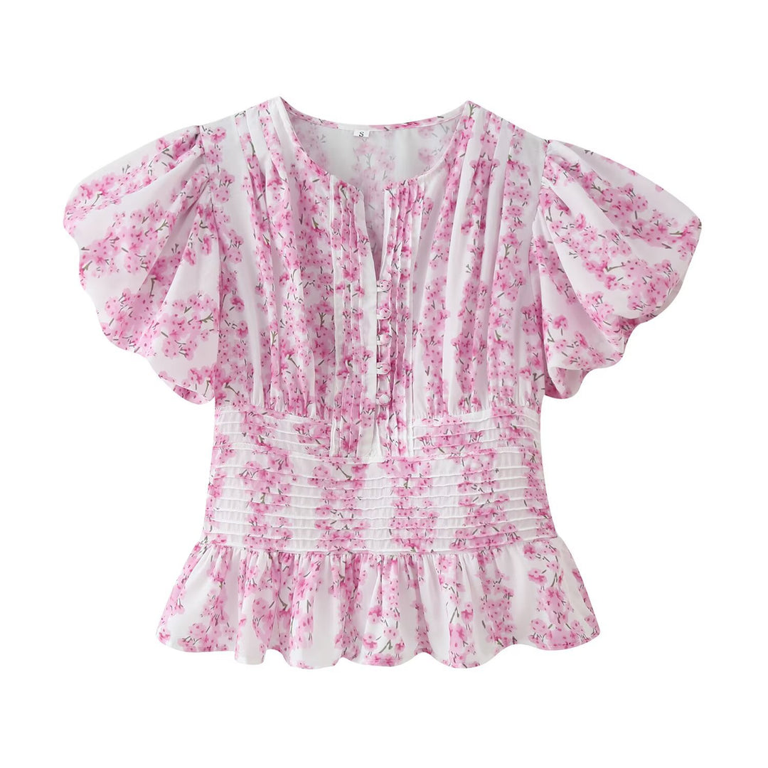 Damen Romantische Bluse mit Puffärmeln, Kellerfalten‑Blende und gesmokter Taille Drune