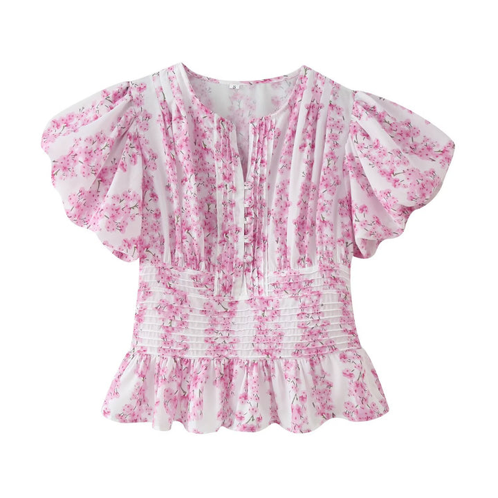 Damen Romantische Bluse mit Puffärmeln, Kellerfalten‑Blende und gesmokter Taille Drune