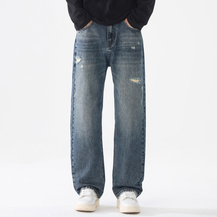 Herren Weite Relaxed-Straight Jeans aus robustem Baumwoll-Denim mit Destroyed-Akzenten Drune