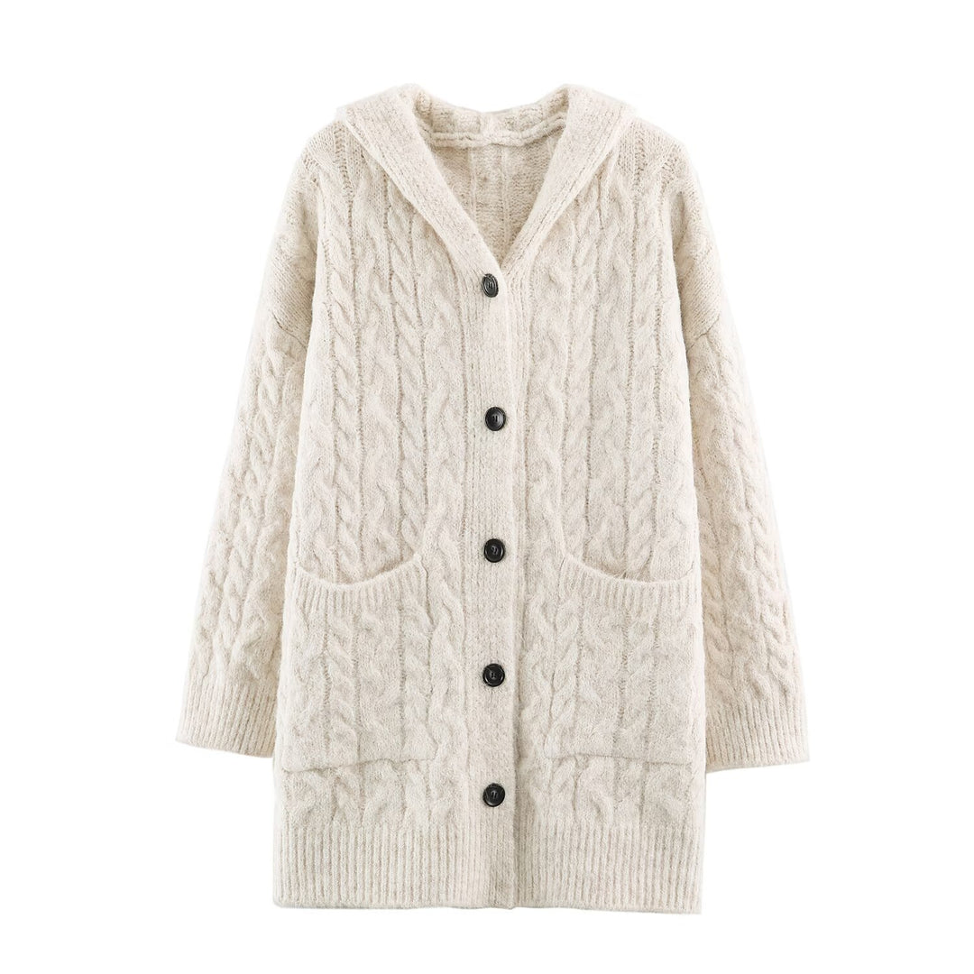 Damen Langgestrickter Kapuzen-Cardigan mit Zopfmuster und Knopfleiste Drune