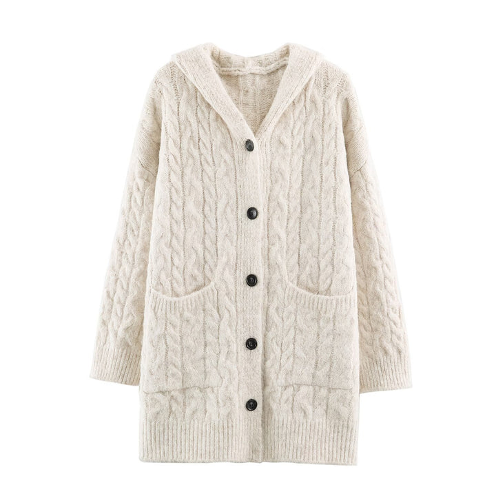 Damen Langgestrickter Kapuzen-Cardigan mit Zopfmuster und Knopfleiste Drune